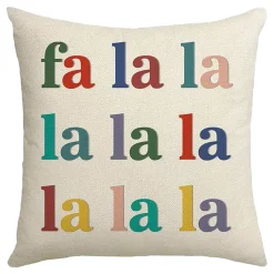 CUSHION DECORATIVE 16″x16″ “FA LA LA” IVORY/MULTI