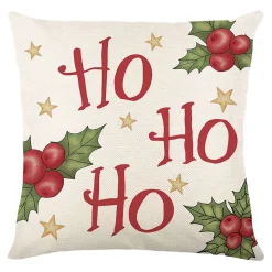 CUSHION DECORATIVE 16″x16″ “HO HO HO” IVORY/RED/GREEN