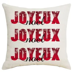 CUSHION DECORATIVE 16″x16″ “JOYEUX, NOEL” IVORY/RED