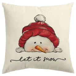 CUSHION DECORATIVE 16″x16″ “LET IT SNOW” IVORY/RED