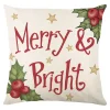 CUSHION DECORATIVE 16″x16″ “MERRY & BRIGHT” IVORY/RED/GREEN