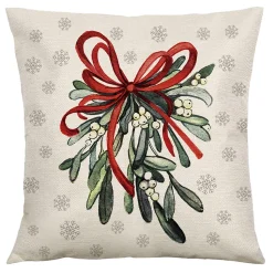 CUSHION DECORATIVE 16″x16″ MISTLETOE IVORY/GREEN/RED
