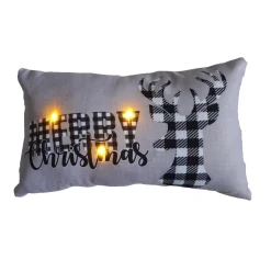 CUSHION LIGHTED 20″X12″ 3 LED+6/18 TIMER “MERRY CHRISTMAS” W/ REINDEER WHITE/ BLACK