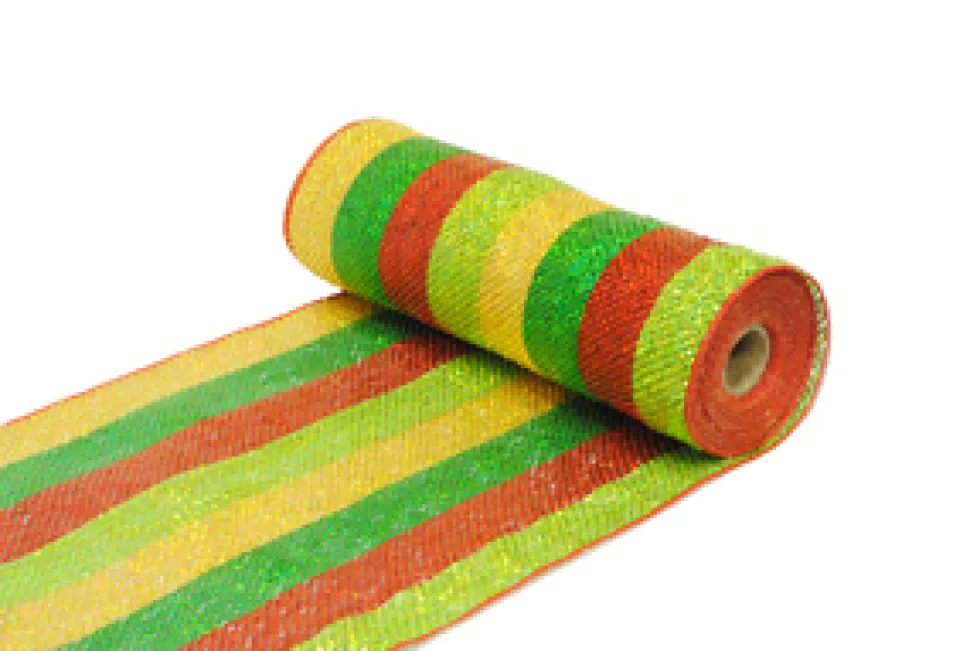 DECOR MESH 10.5″ X 10 YDS GOLD/ GREEN/ RED STRIPE METALIC