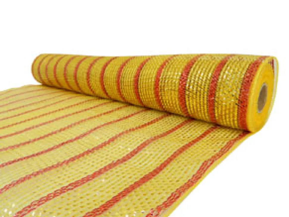 DECOR MESH 21″ X 10 YDS GOLD W/ RED STRIPE