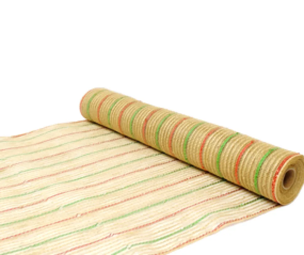 DECOR MESH 21″ X 10 YDS NATURAL W/JUTE & RED/ GREEN STRIPES