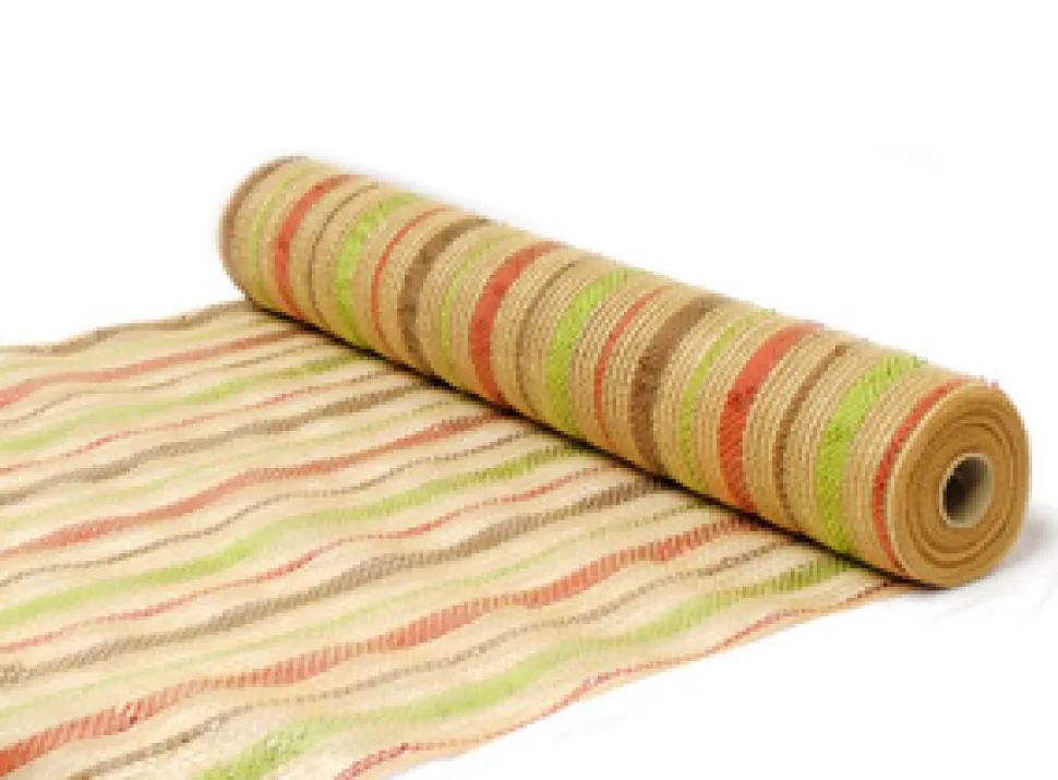 DECOR MESH 21″ X 10 YDS NATURAL W/JUTE & CHOCO/ LIME/ RED STRIPES