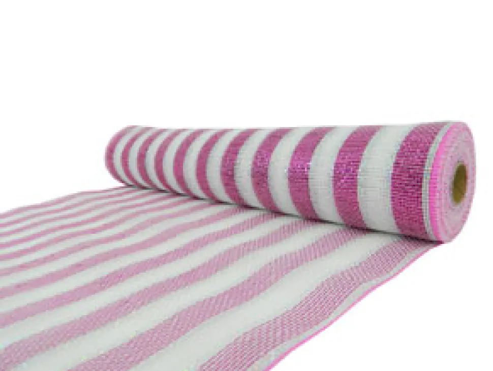 DECOR MESH 21″ X 10 YDS WHITE W/ FUCHSIA/SILVER STRIPE