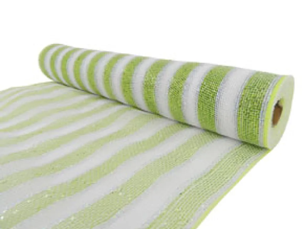 DECOR MESH 21″ X 10 YDS WHITE W/ LIME/SILVER STRIPE