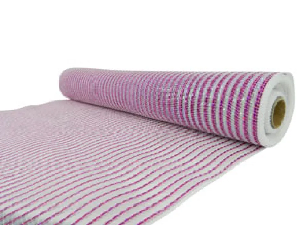 DECOR MESH 21″ X 10 YDS WHITE/ FUCHSIA PIN STRIPE