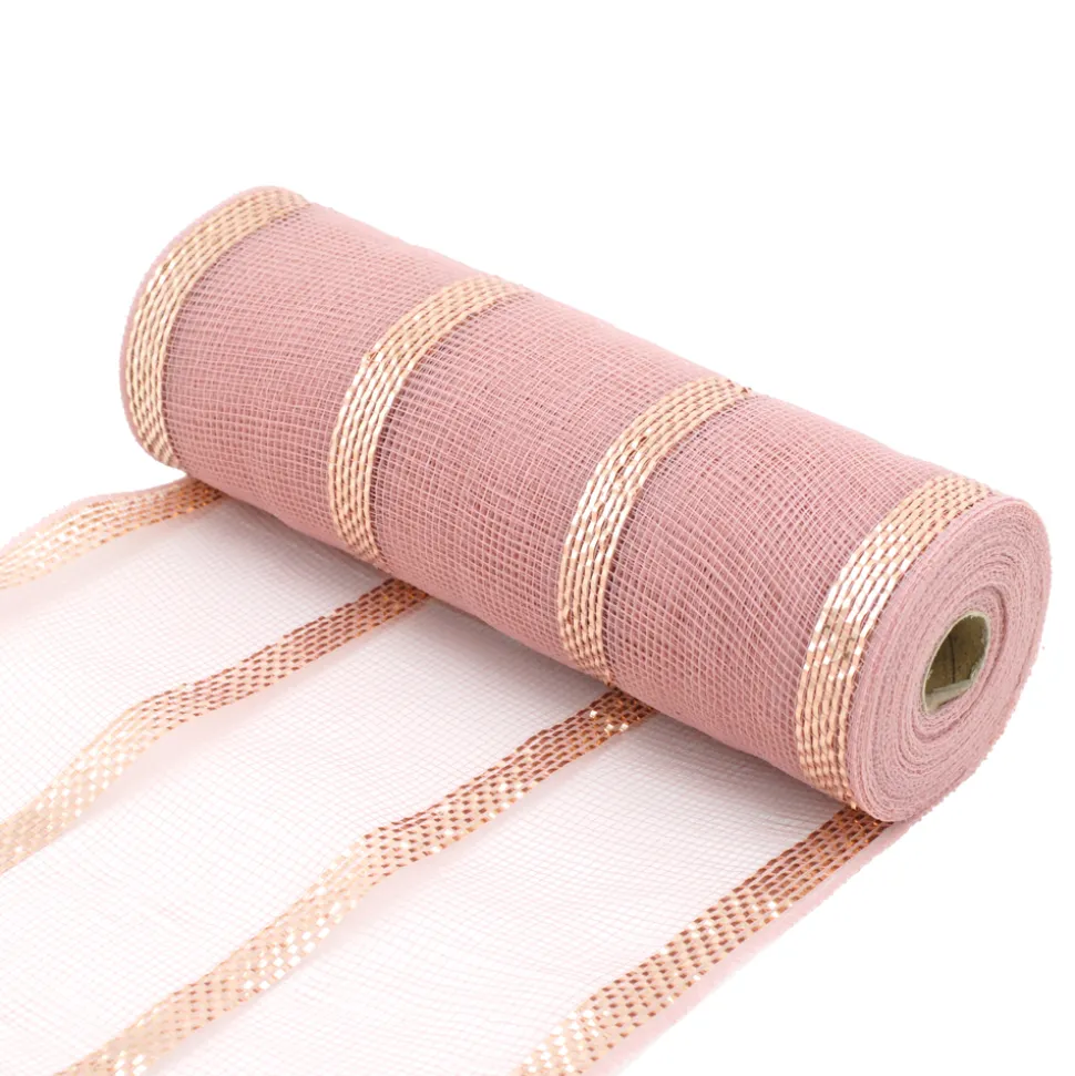 DECOR MESH 10.5″x10 YDS LN PINK/ROSE GOLD W/ ROSE GOLD STRIPES