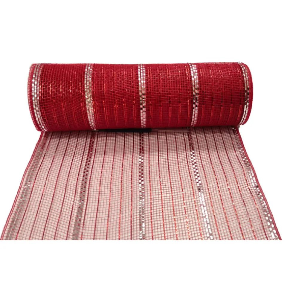 DECOR MESH 10x10 YDS LN RED W/ RED & SILVER METALLIC
