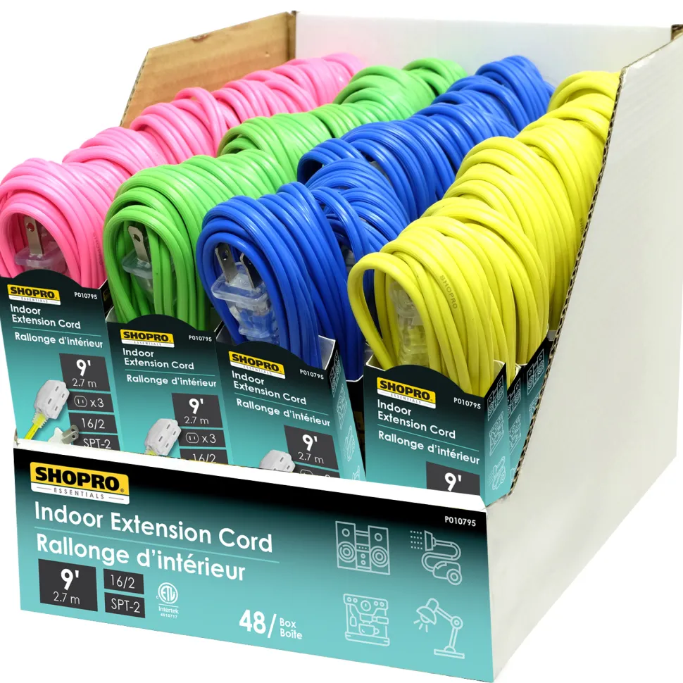 EXT. CORD I/D 16/2 3-OUTLET 9′ MIXED COLORS