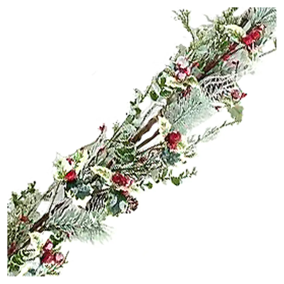 GARLAND GRN 60″ HOLLY LEAF, MIXED GREENS, RED BERRIES & CONES FROSTED