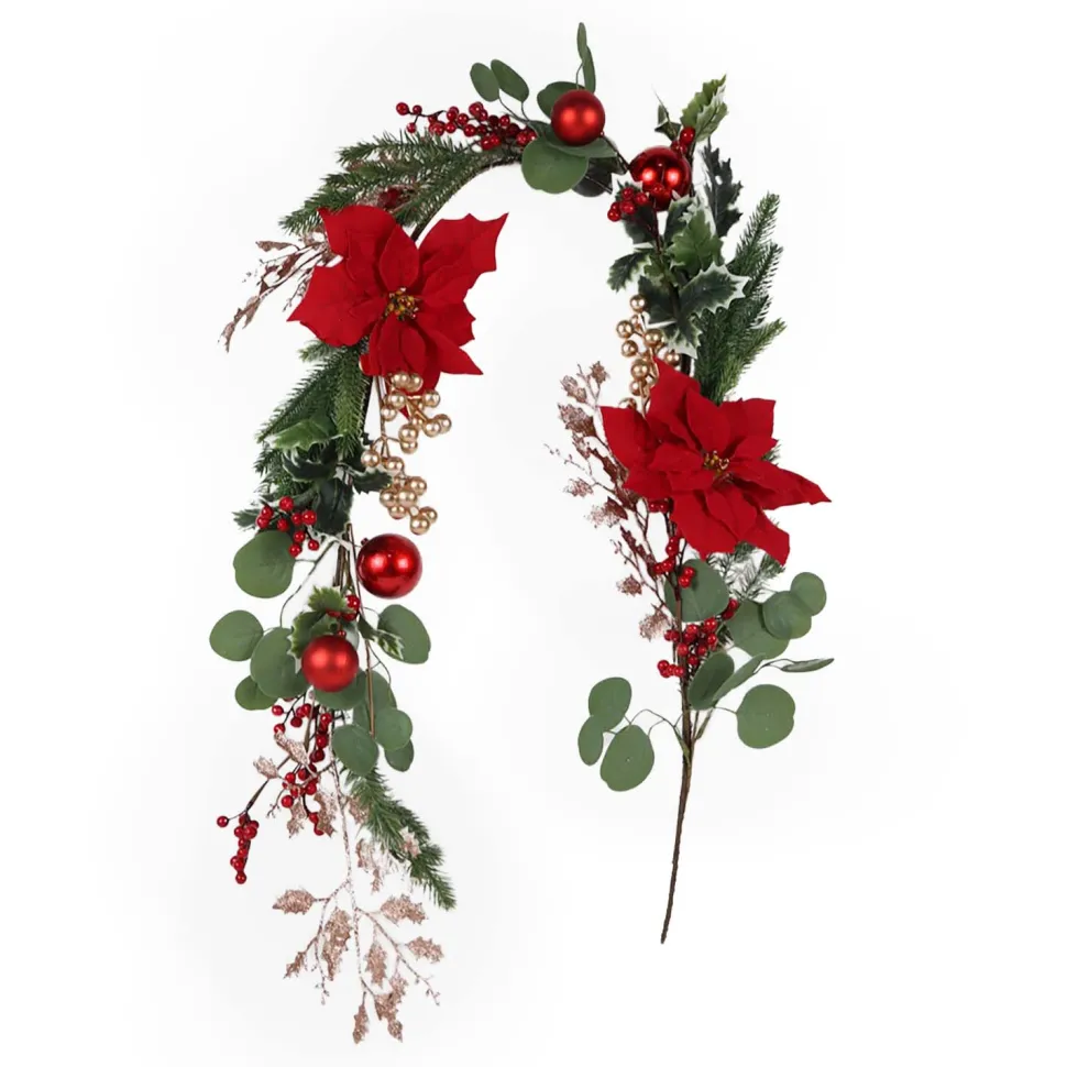 GARLAND GRN 60″ RED POINSETTIA / BERRY & BALLS