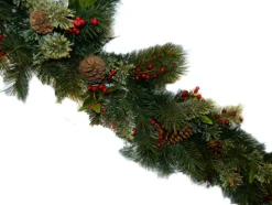 GARLAND NAT. MIXED NEEDLE PINE 6′ X 14″ 120 TIPS W/ RED BERRIES & CONES