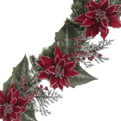 GARLAND RED POINSETTIA 60″ ICED W/ MIXED GREENS & ICED BERRIES