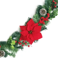 GARLAND RED POINSETTIA 60″ W/RED BERRIES EUCALYPTUS & CONES