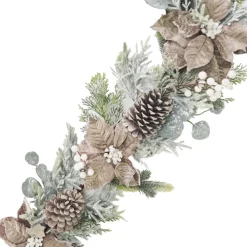 GARLAND TAUPE POINSETTIA 72″ FROSTED MIXED GREENS & WHITE BERRIES