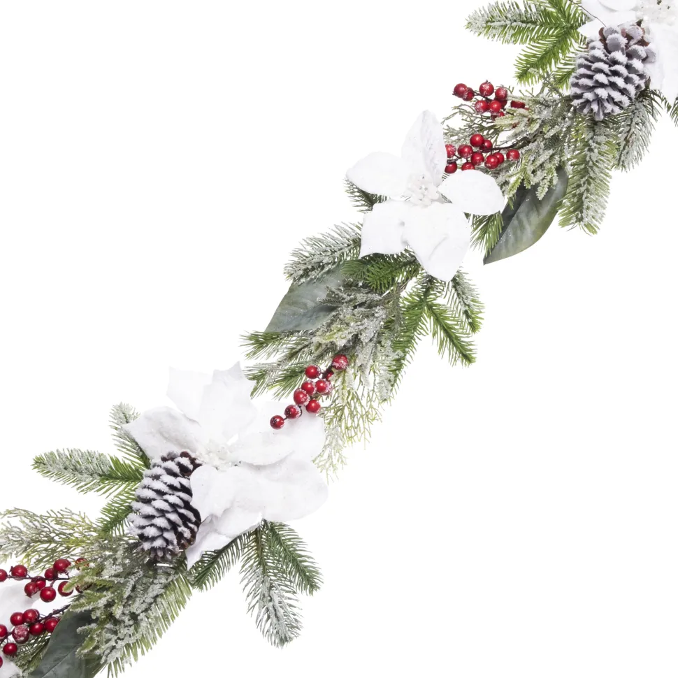 GARLAND WHITE POINSETTIA 72″ FROSTED W/ MIXED GREENS & BERRIES W/ 2 PINE CONES