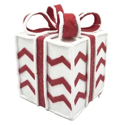 GIFT BOX CANDY CANE TABLE DECOR 6.5″x8.5″ RED/WHITE W/ FAUX FAUR TRIM & GLITTER