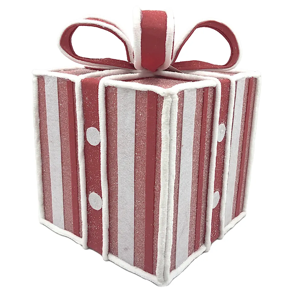GIFT BOX CANDY CANE TABLE DECOR 8.5″x11″ RED/WHITE W/ FAUX FAUR TRIM & GLITTER
