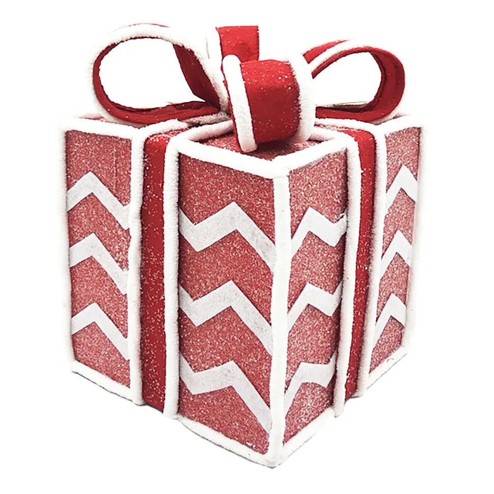 GIFT BOX CANDY CANE TABLE DECOR 6.5″x8.5″ RED/WHITE W/ FAUX FAUR TRIM & GLITTER