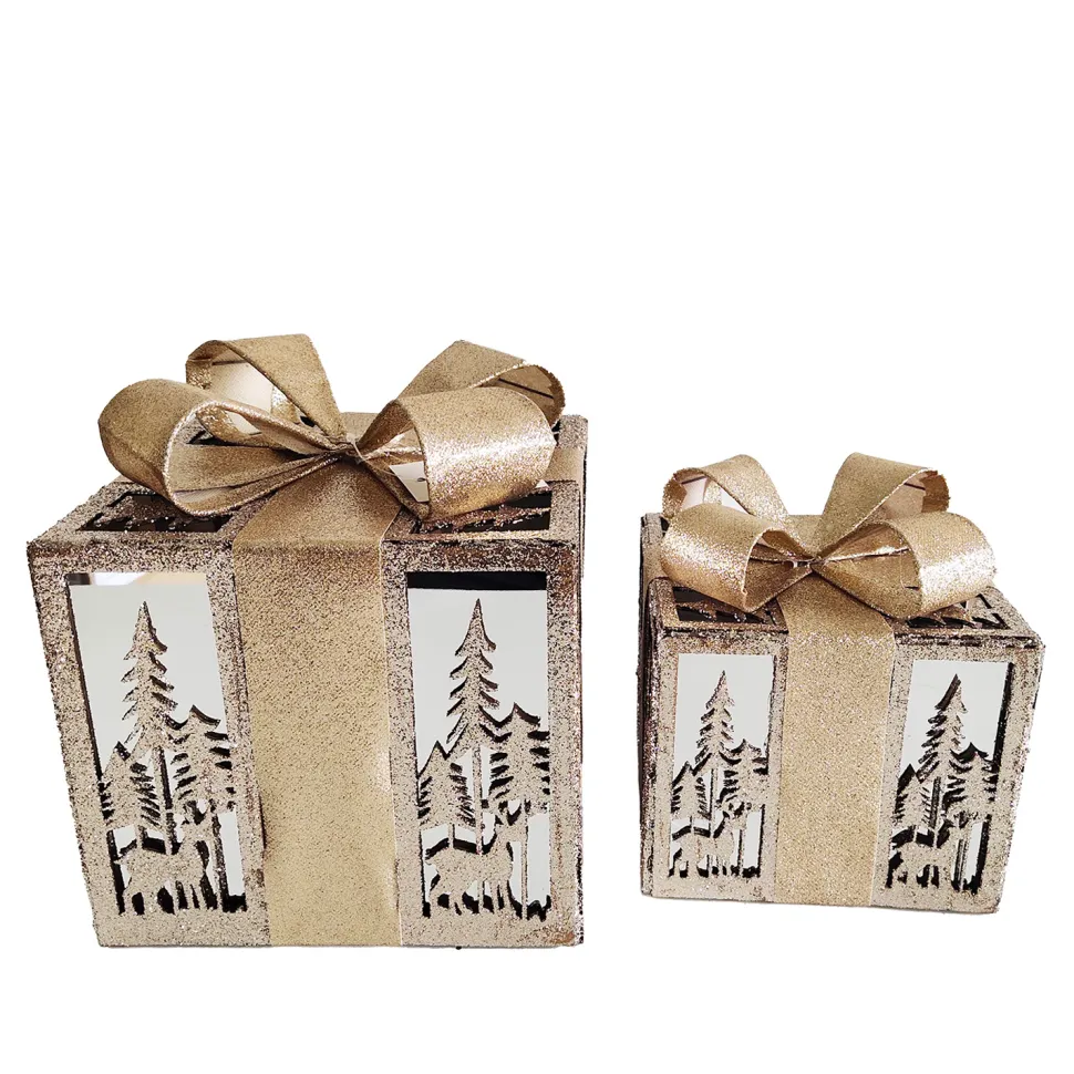 GIFT BOX TABLE DECOR 6″/8″ 2PC SET CHAMPAGNE GOLD W/ GLITTER BOW