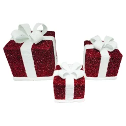 GIFT BOX TABLE DECOR 3PC SET 6”/8”/10” RED/WHITE TENSIL W/ GLITTER