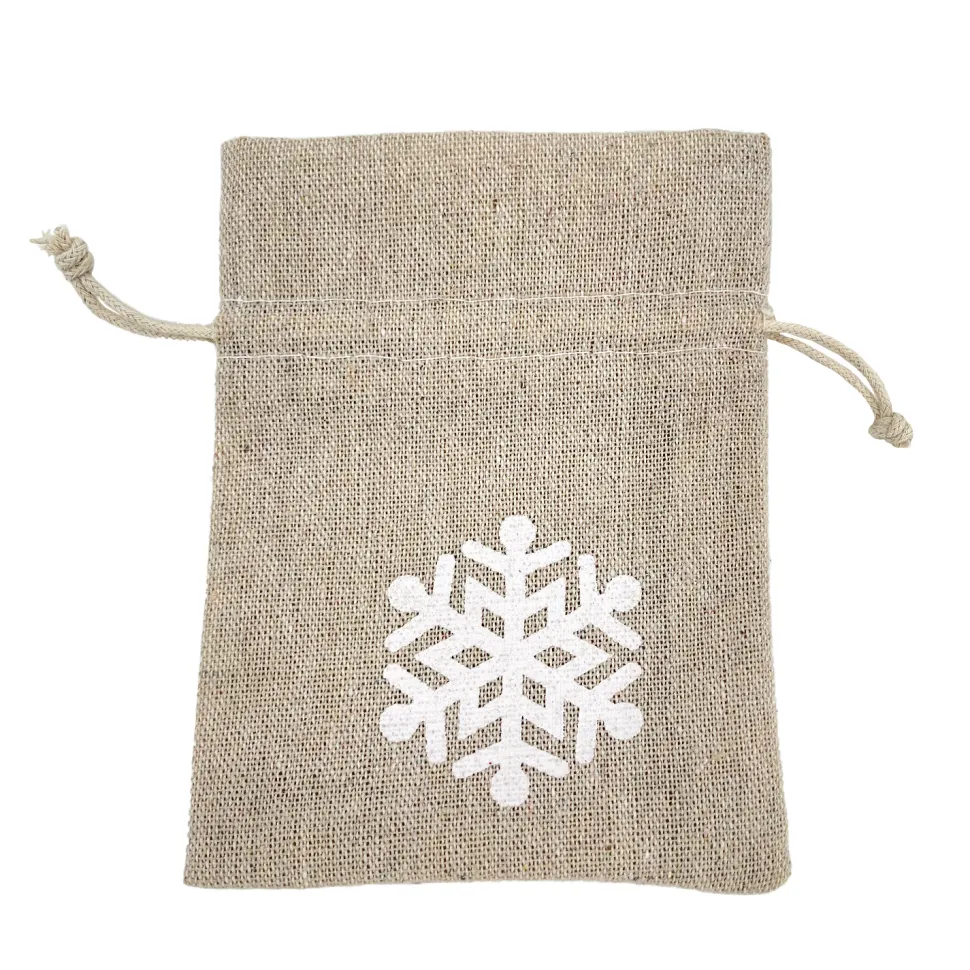 GIFT SACK NATURAL 5″ W/ WHITE SNOWFLAKE 5″ BURLAP