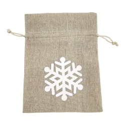 GIFT SACK NATURAL 6.5″ W/ WHITE SNOWFLAKE BURLAP