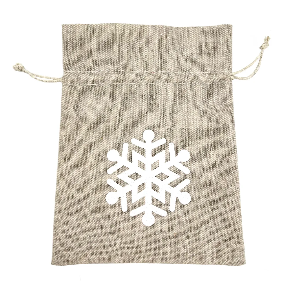 GIFT SACK NATURAL 8″ W/ WHITE SNOWFLAKE BURLAP