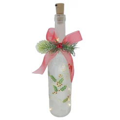 GLASS BOTTLE TABLE DECOR W/ 10 LED LIGHTS 11.5″ WHITE HOLY PATTERN