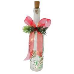 GLASS BOTTLE TABLE DECOR W/ 10 LED LIGHTS 11.5″ WHITE SNOWMAN PATTERN