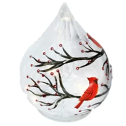 GLASS TABLE DECOR 4.5″ DROP SHAPE CARDINAL W/ WARM WHITE STRING LIGHTS