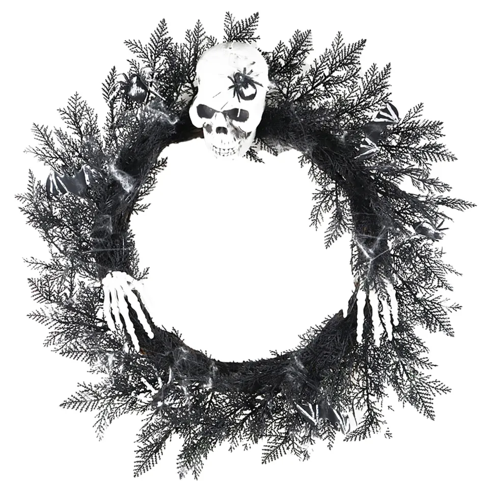 HALLOWEEN WREATH 22″ PINE W/ SKULL, BAT & SPIDER BLACK/WHITE