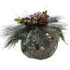 HANGING BALL 8″ BROWN RATTAN W/ RED BERRIES FROSTED PINE & CONES W/ RED/ BLK PLAID BOW