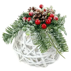 HANGING BALL 8″ RATTAN W/ RED BERRIES AND PINE FROSTED