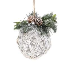 HANGING RATTAN BALL FROSTED 6″ W/ NEEDLE PINE & PINE CONES