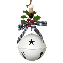 JINGLE BELL WHITE SHINY 5.5″ W/ RIBBON & HOLLY BERY HANGER