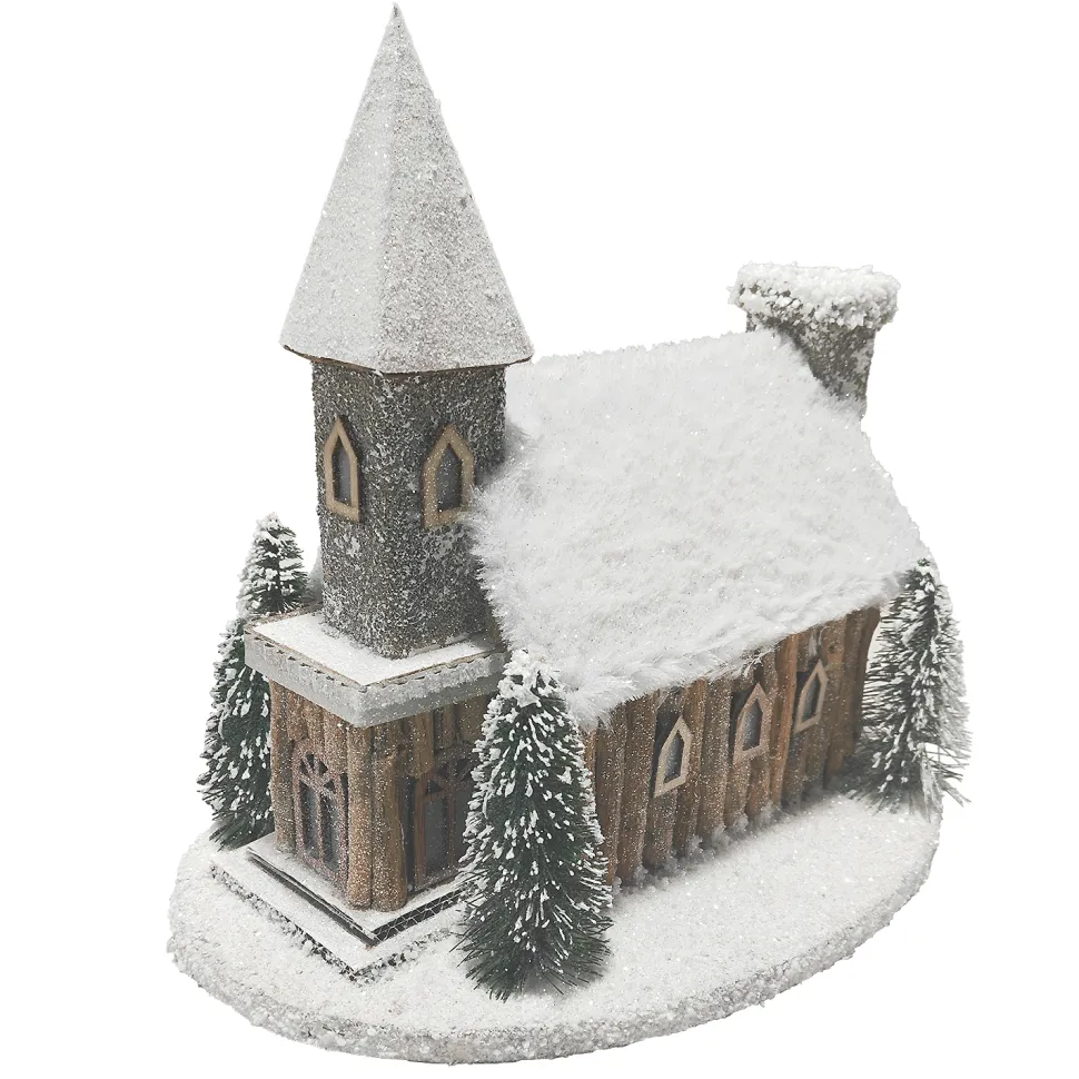 LOG LOOK CHURCH SNOWED WOODEN/RATTAN 13.5″x12″ NAT./BIRCH LOOK LED LIGHT-UP W/ TIMER