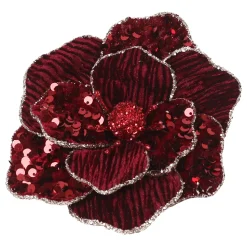 MAGNOLIA HEAD BURGUNDY 6″ VELVET W/ SEQUIN & CLIP