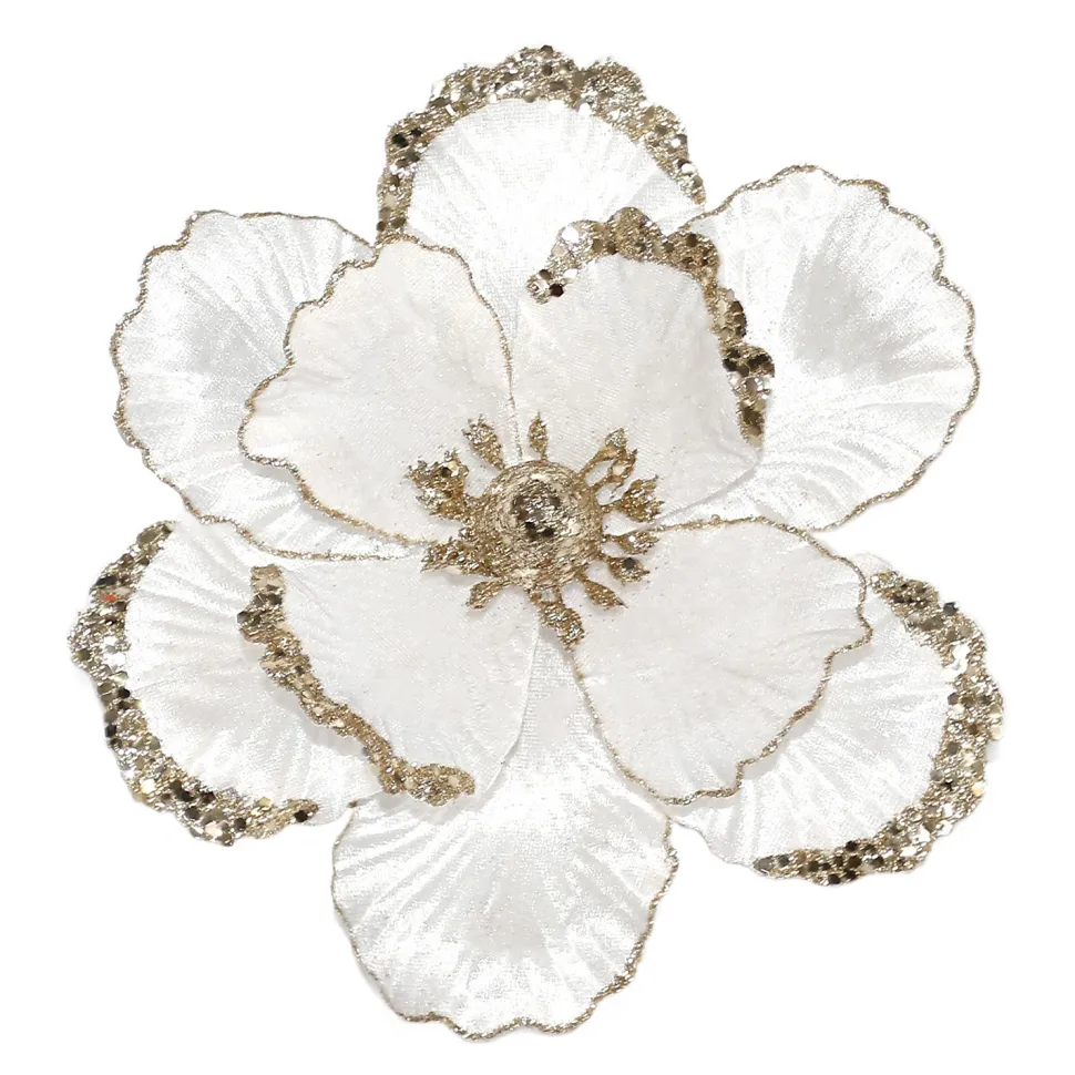MAGNOLIA HEAD WHITE 8.5″ VELVET W/ G0LD GLITR. & SEQUIN W/ CLIP