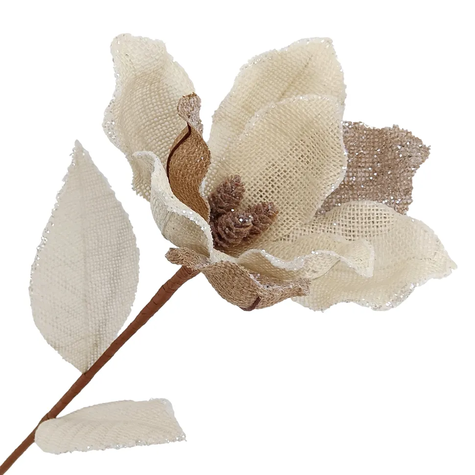 MAGNOLIA STEM BURLAP 28″ NATURAL/CREAM LEAF W/ PINE GLITTER