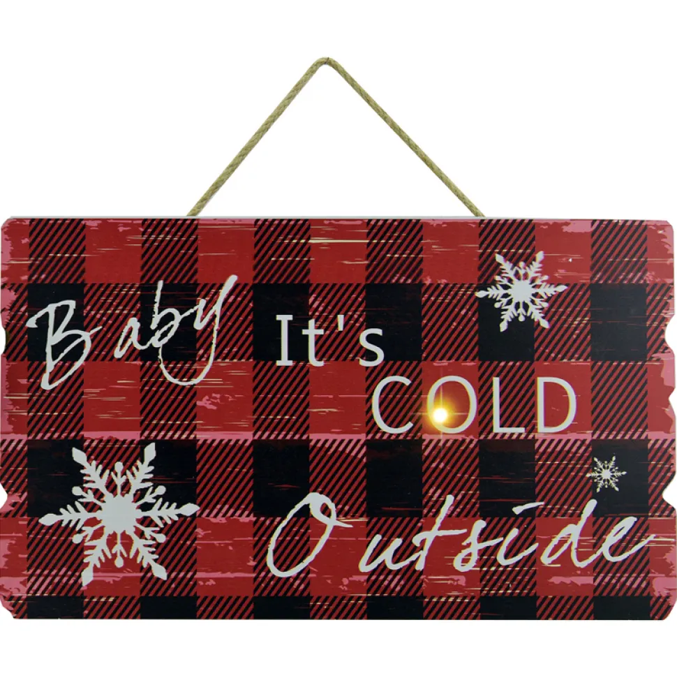 MDF WALL DECOR 16″X9″ 1 LED BABY IT’S COLD OUTSIDE PRNT ON RED/ BLK BUFFALO PLAID (TMR)
