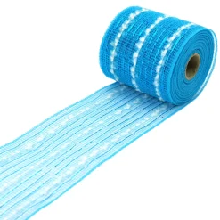 MESH RIBBON 4″ X 20 YDS BLUE (ICE) W/ COTTON STIPES