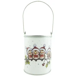 METAL CAN 4.5″ WHITE W/BIRDS WITH SNOWMAN HAT ON BRANCH PICTURE