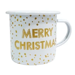 METAL ENAMEL MUG 3″ MERRY CHRISTMAS GOLD/WHT