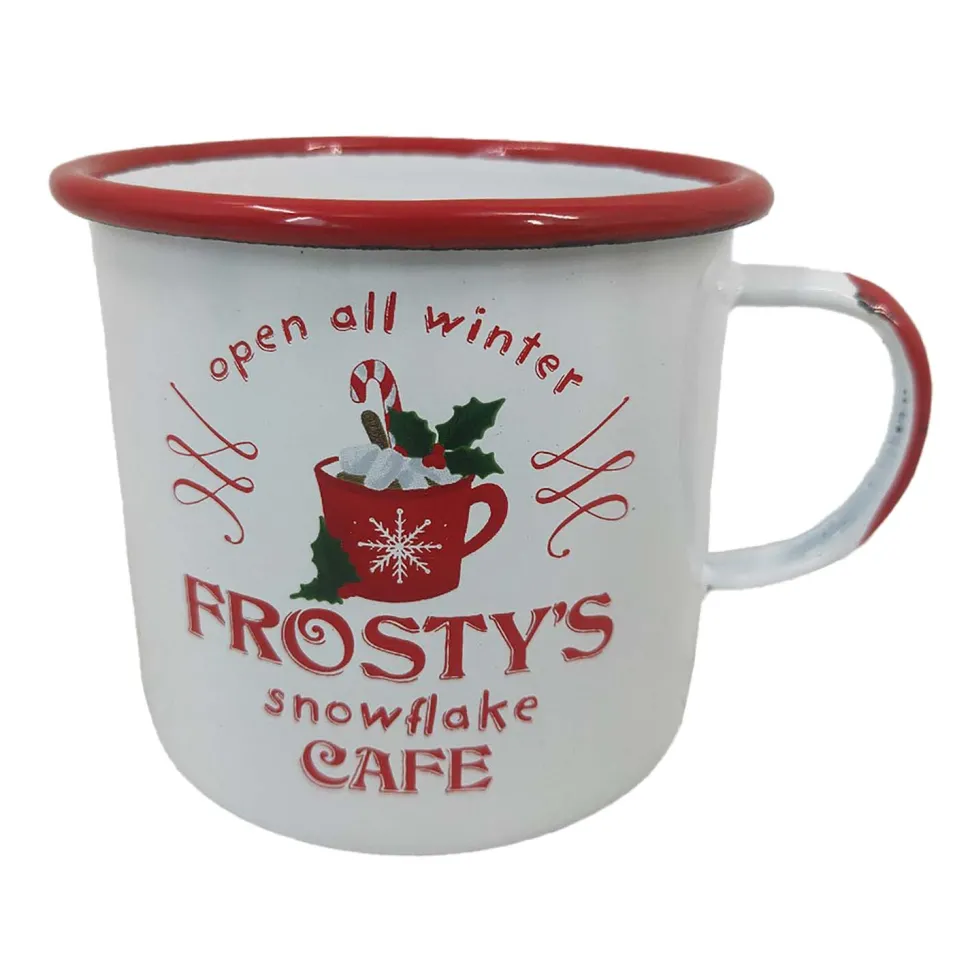 METAL ENAMEL MUG 4″ W/ “FROSTY’S SNOWFLAKE CAFE”