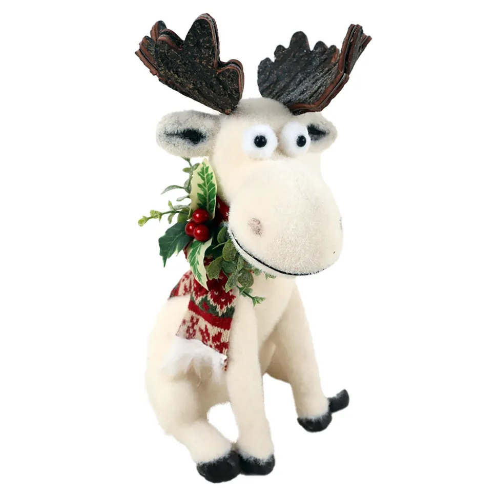 MOOSE W/ NORDIC SCARF, HOLLY & BERRIES 12″ WHT/GREEN/RED
